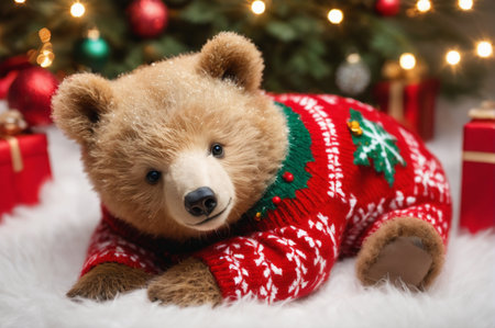 Cute teddy bear on fur carpet with Christmas tree in background, generative, AI