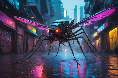 Cyber Insect Drone in Rainy Neon Urban Street. Generative AI.の写真素材