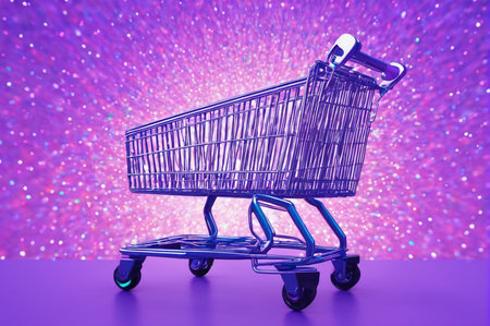 Shiny Shopping Cart on Sparkling Purple Background. Generative AI.の写真素材