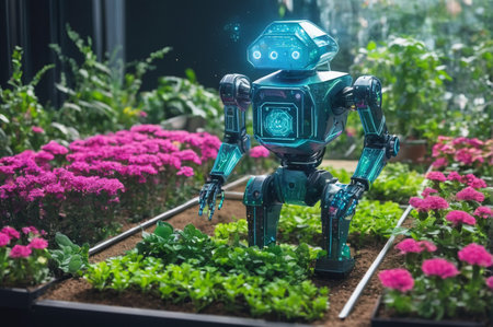 Futuristic Robot Gardening in a Smart Greenhouse. Generative AI.の写真素材