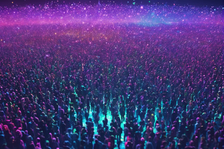 Infinity Crowd in Neon Universe. Generative AI.の写真素材