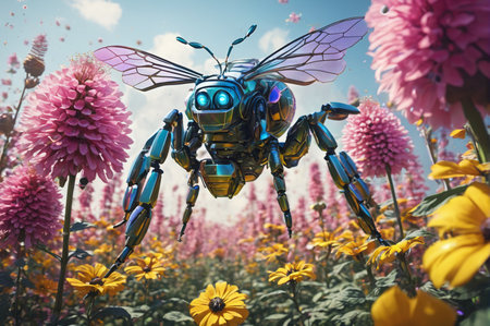 Cybernetic Bee in Blooming Garden. Generative AI.の写真素材