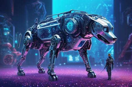 Cybernetic Panther and Futuristic Soldier. Generative AI.の写真素材