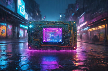 Futuristic Circuit Board on Rainy Neon Street. Generative AI.