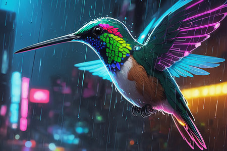 Vibrant Hummingbird in the Rain Vector Illustration. Generative AI.の写真素材