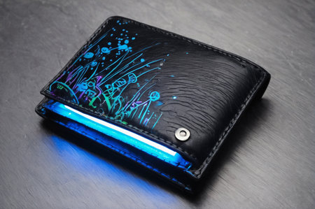 Black Wallet with Neon Blue Glowing Details. Generative AI.