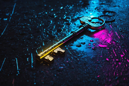 Antique Key on Wet Street with Neon Reflections.