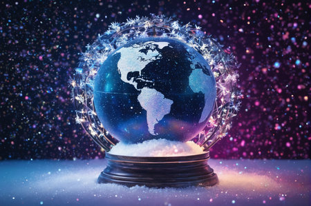 Glittering Earth in Snow Globe Fantasy. Generative AI.