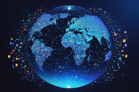 Global Digital Network with Data Icons and Technology Flow. Generative AI.の写真素材