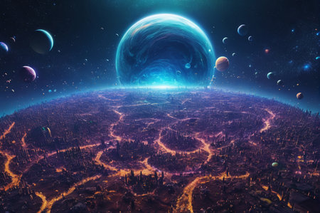 Alien Planet with Lava Rivers and Cosmic Horizons. Generative AI.の写真素材