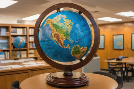Large Educational Globe in Library Interior. Generative AI.の写真素材