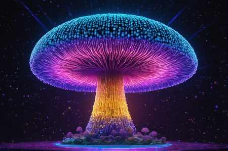 Cosmic Neon Mushroom. Generative AI.