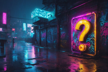 Neon Lights in Rainy Cyberpunk Alley at Night. Generative AI.の写真素材