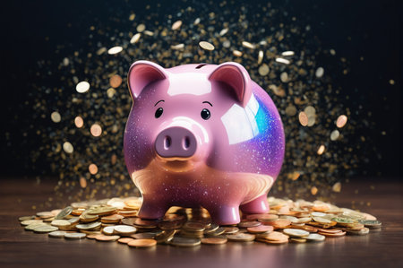Piggy bank with coins and bokeh effect on dark backgroundの写真素材