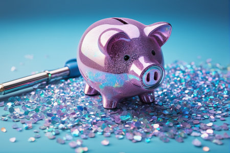 Glitter Piggy Bank with Shiny Confetti. Generative AI.の写真素材