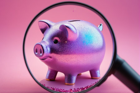 Shiny Piggy Bank Under Magnifying Glass. Generative AI.の写真素材