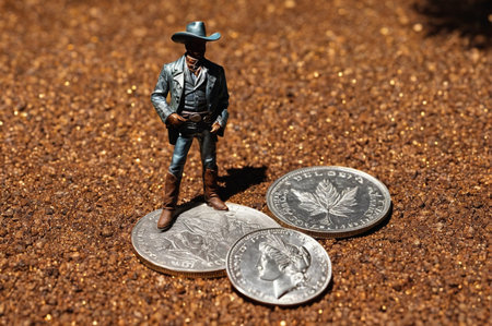 Miniature Cowboy Standing on Silver Coins. Generative AI.の写真素材