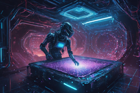 Cybernetic Explorer Interacting with Holographic Interface. Generative AI.の写真素材