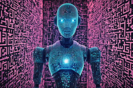 Cybernetic Humanoid in Digital Maze. Generative AI.の写真素材