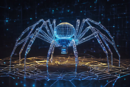 Digital Cyber Spider on Futuristic Web. Generative AI.の写真素材