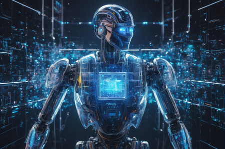 Transparent Cybernetic Humanoid with Digital Core. Generative AI.の写真素材