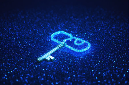 Glowing Blue Key on Sparkling Surface. Generative AI.の写真素材