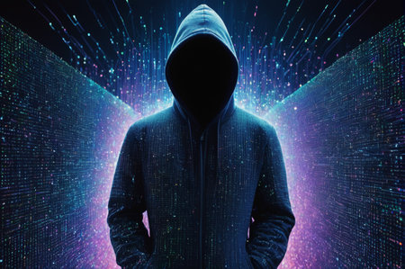 Cybernetic Hooded Figure in Digital Space. Generative AI.