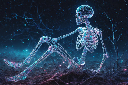 Neon Skeleton in Cosmic Silence. Generative AI.の写真素材