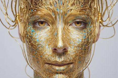 Golden Cybernetic Face. Generative AI.の写真素材