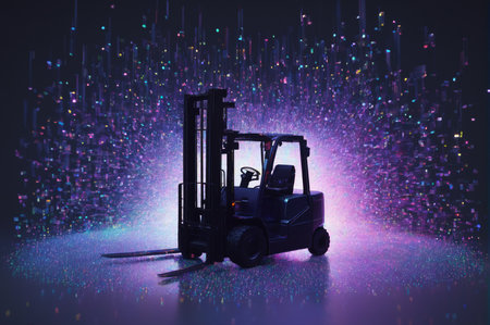 Digital Forklift in Neon Particle Space. Generative AI.