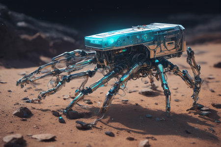 Futuristic Robotic Spider Explorer on Alien Terrain. Generative AI.
