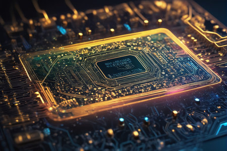 Futuristic Microchip Circuit Board. Generative AI.