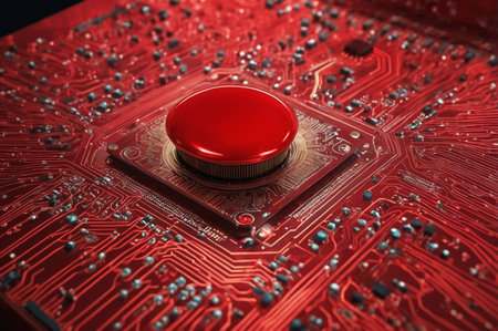 Red Emergency Button on Circuit Board. Generative AI.