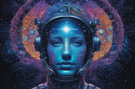 3D rendering of a female astronaut in space surrounded by planets.