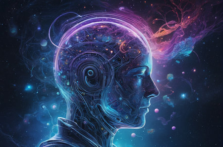 3D rendering of a female robot with a glowing brain in outer space