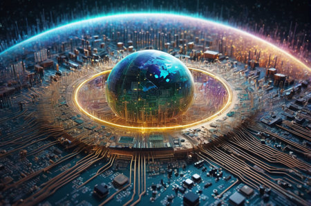 Circuit board with Earth planet hologram and cityscape. 3d rendering
