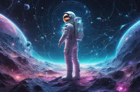 Astronaut in outer space. 3D rendering. Elements of this image furnished by NASAの写真素材