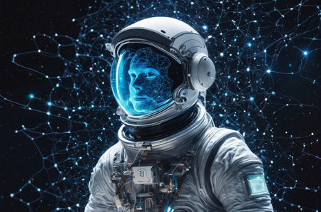 Astronaut wearing full spacesuit and looking at network hologram.の写真素材