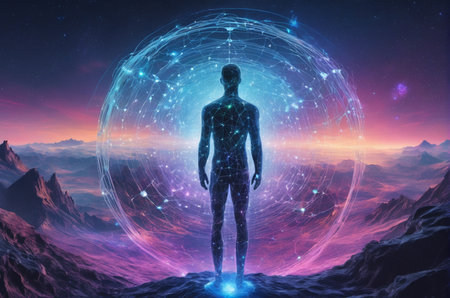 Futuristic technology background with male figure and sphere. 3D rendering