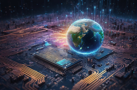 Close up of electronic circuit board with Earth planet. 3D renderingの写真素材