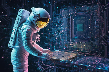 Astronaut in space suit and helmet holding a tablet computer. Mixed media