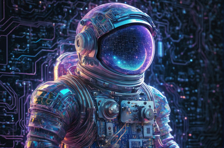 Astronaut in outer space. 3d rendering toned image double exposure