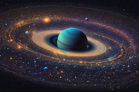 Saturn in space. Science fiction art. Abstract space background.
