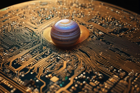 3d render of a planet on a computer circuit board. Macro