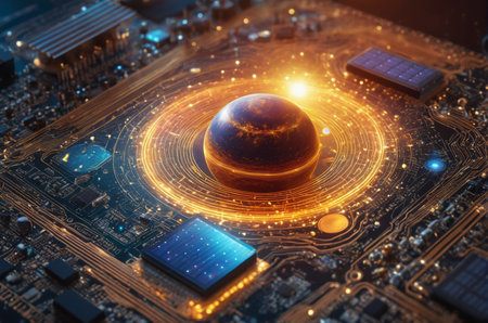 3D rendering of a planet on a circuit board with electronic elementsの写真素材