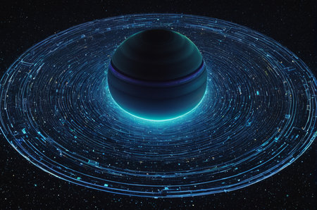 Planet in space with luminous lines, 3d rendering. Computer digital drawing.の写真素材