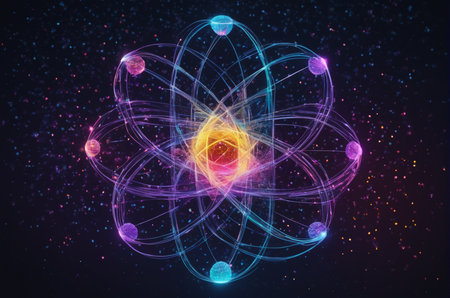 Atomic structure of atom on dark background, 3D illustration.