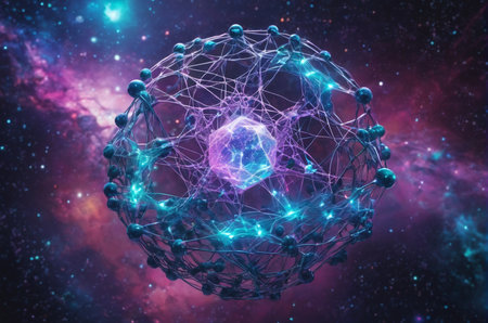 3D illustration of atom in space with stars and nebula.