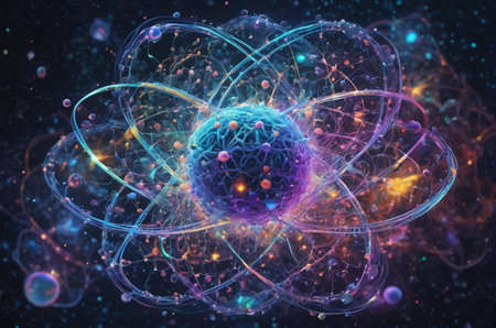 3D illustration of atom in space, computer generated abstract background.