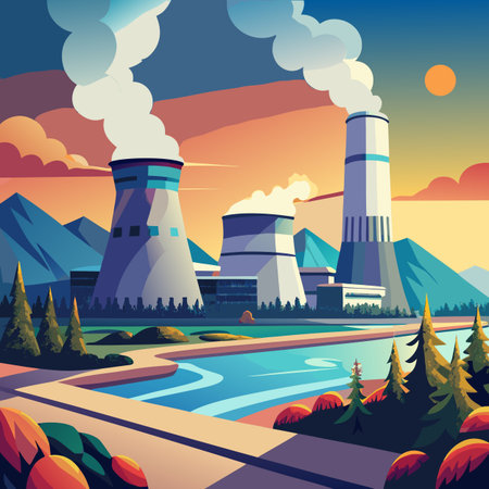 Industrial Power Landscape, vector illustration. Generative AI.のイラスト素材